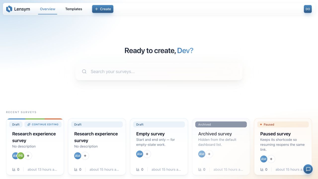 Dashboard with sample surveys in different statuses